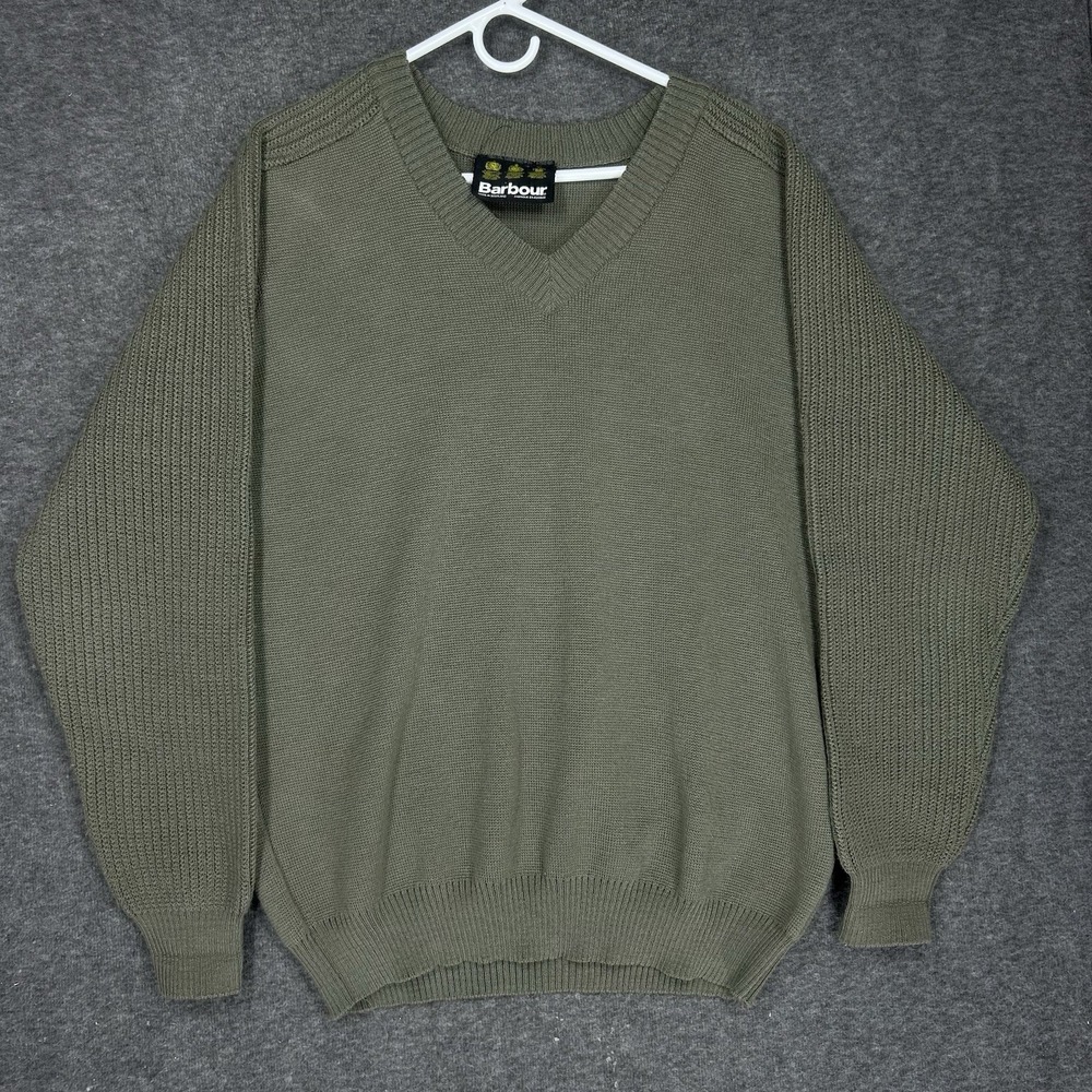 Barbour Sweater Mens XL Green V-neck D675‎ Fine Knit Pure New Wool Scotland